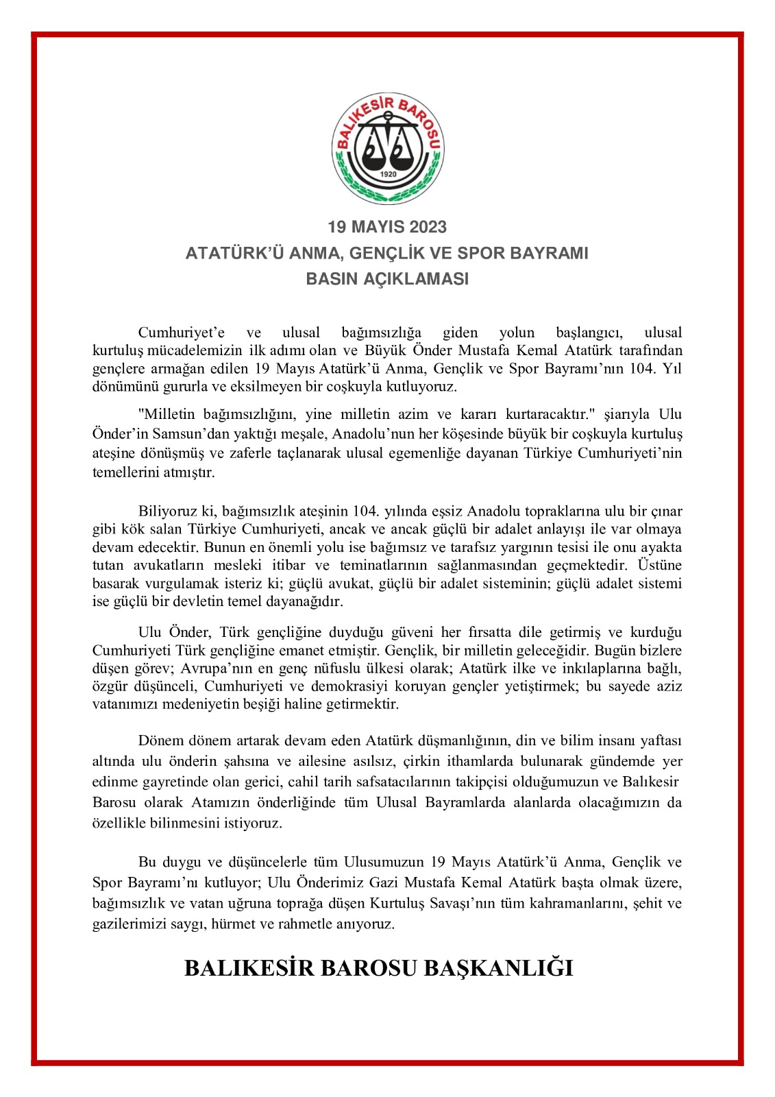 Balıkesir Barosu 19 Mayıs Basın Açıklaması